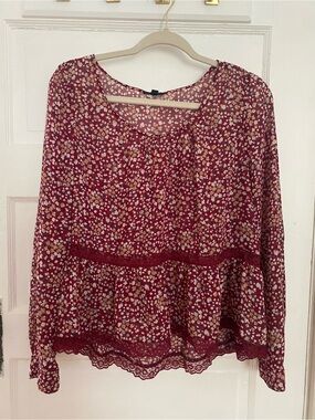 Burgundy Floral Lace-Trim Long Sleeve Blouse